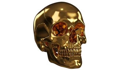 Realistic golden human skull with shiny metallic texture isolated on white background for medical or artistic concept