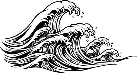 Obraz premium Dynamic black and white illustration of crashing ocean waves in japanese style