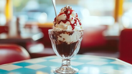 A vintage ice cream sundae served on a retro diner table 