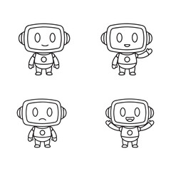 Cute Robot Character Emotions Set. Adorable AI Assistant Mascots with Happy, Waving, Sad, Excited Expressions. Vector Outline Icons.