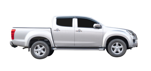 Right side view of clean silver pickup truck isolated on white background with clipping path