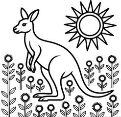 Kangaroo Illustration with Sun and Flowers