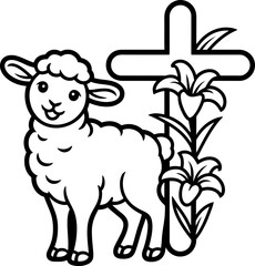 Black and White Lamb with Cross and Flower Illustration