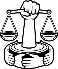 Black and White Justice Scales with Fist Illustration