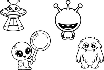 Cute Black and White Alien and Monster Characters