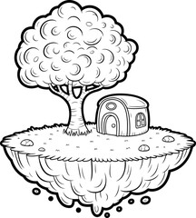 Whimsical Floating Island with Tree and Cottage