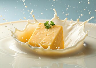 Parmesan cheese chunk splashing with creamy liquid in dynamic motion, perfect for food advertising and culinary themes