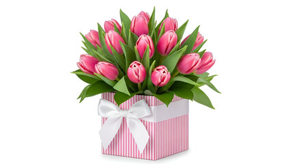 Elegant bouquet of pink tulips in a gift box for anniversary celebration or spring seasonal greeting