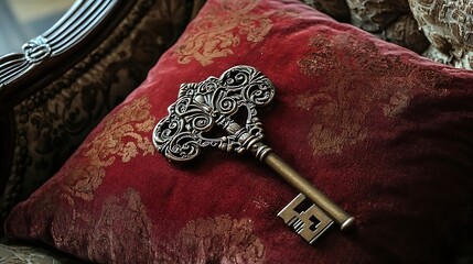 A vintage key with intricate carvings, resting on a velvet cushion 