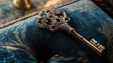 A vintage key with intricate carvings, resting on a velvet cushion 