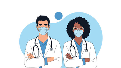 Fototapeta premium Professional male and female doctors of diverse ethnicities wearing face masks and standing with confidence and teamwork.