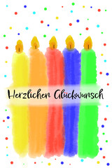 Illustration, digital mit Aquarell gemalt. 5 Kerzen mit dem Schriftzug Herzlichen Gl&uuml;ckwunsch