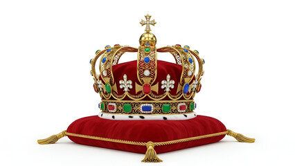 Royal golden crown with red velvet cushion and colorful jewels for monarchy and coronation symbol