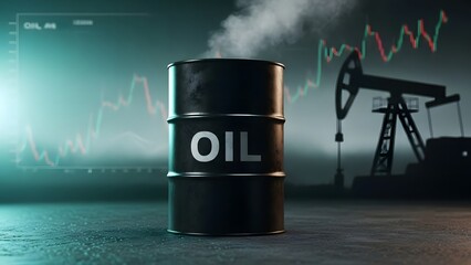 Black oil barrel steams in front of oil pump jack and financial market graphs background