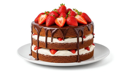 Delicious chocolate layer cake with white cream and fresh strawberries for birthday or holiday celebration