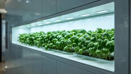 A sleek, minimalist kitchen with a built-in glowing LED hydroponic herb garden. Commercial interior style, sharp focus on water droplets on basil leaves.