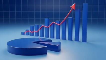 Blue bar graph and pie chart showing upward trend and market share data analysis for business growth and financial reporting