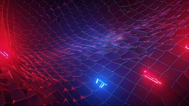 High-resolution looping fractal geometric animation, blue red gradient waves spirals morphing shapes, glowing neon edges, reflective surfaces, hypnotic rhythmic motion, abstract background suitable