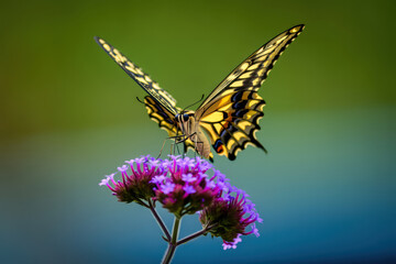 A Stunning Old World Swallowtail Butterfly Gracefully Landing on a Cluster of Purple Verbena Flowers, Against a Blurred Background, Capturing a Moment of Natural Elegance