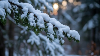 Close-up of a snow-covered fir tree branch in winter forest