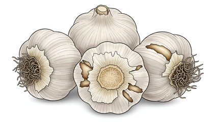 Group of whole and sliced garlic bulbs isolated on white background for cooking and healthy food ingredient