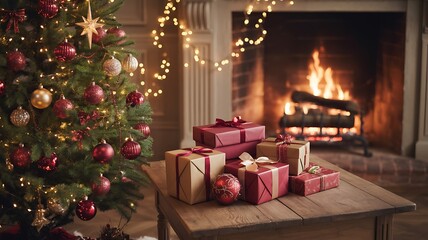 Cozy christmas eve with gifts by the fireplace