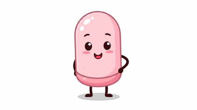 A cheerful pink capsule character, drawn in a cute vector illustration style, is standing and smiling happily with small arms and legs, isolated on a clean white background.