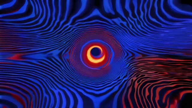 High-resolution looping fractal geometric animation, blue red gradient waves spirals morphing shapes, glowing neon edges, reflective surfaces, hypnotic rhythmic motion, abstract background suitable