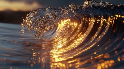 A wave of clear water with shimmering edges crashing against a sleek, glowing surface 