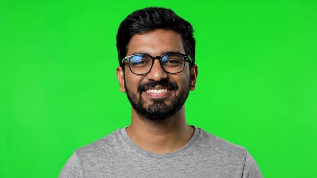 A positive young indian man wearing modern eyeglasses is smiling confidently in a medium close-up studio shot against a vibrant green screen background.