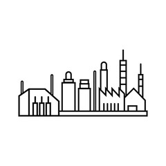 Industrial Zone Skyline Line Art Vector, Detailed Factory Plant Silhouette with Chimneys, Minimalist Industrial Cityscape Line Drawing, 