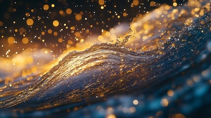 A wave of clear water with shimmering droplets suspended in mid-air against a glowing background 