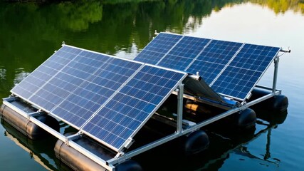Closeup medium shot of a mobile floating solar installation adjusting position on a serene lake highlighting flexibility in renewable power solutions.