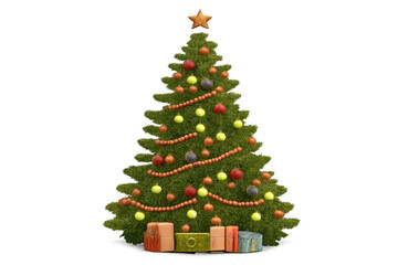 Obraz premium Decorated christmas tree with colorful ornaments and gifts celebrating winter holiday traditions, transparent background
