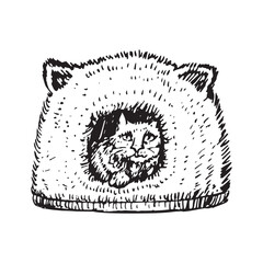 Cat sitting in indoor cat house,cat head shape with ears, doodle black ink drawing, woodcut vector