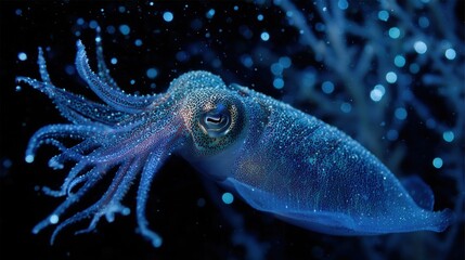 Bioluminescent deep sea squid glowing underwater