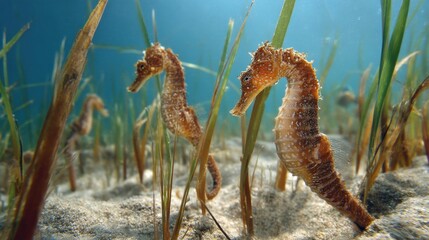 Two seahorses underwater in sea grass