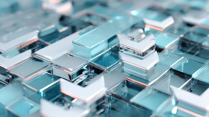 Abstract geometric 3d background with light blue glass white background square plates render. Digital technology banner with crystal glossy block shapes in row. Modern arrow line pattern 