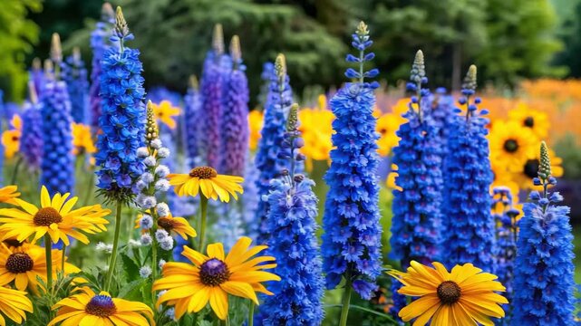 Vibrant blue lupine flowers and bright yellow rudbeckia blooming abundantly in a sunlit garden for natural beauty concept and springtime growth