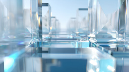 Abstract geometric 3d background with light blue glass white background square plates render. Digital technology banner with crystal glossy block shapes in row. Modern arrow line pattern 