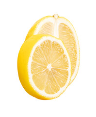 Front view of ripe yellow lemon fruit in  ellipse half and circle slice in stack isolated with clipping path in png file format