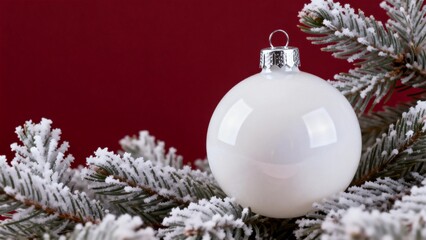 White Christmas ornament on snowy tree branch