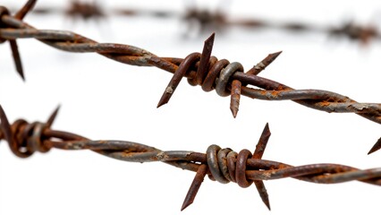 Rusted barbed wire against white background