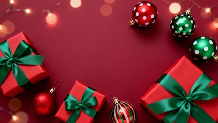 Christmas gifts and ornaments on red background