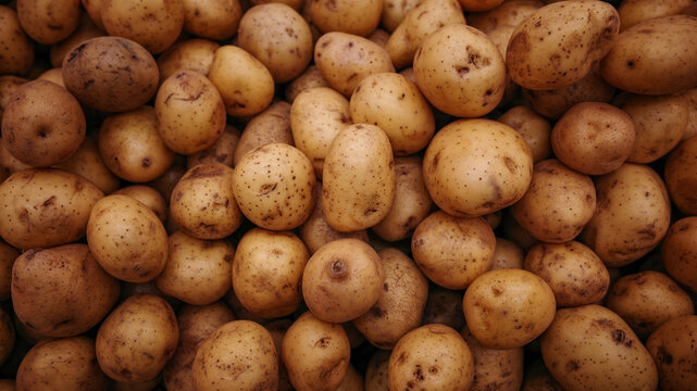 Heap of raw potatoes with natural spots and earthy skin, fresh harvested vegetables creating rustic organic food background.