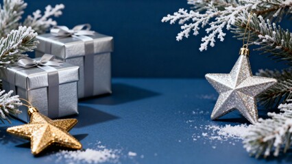 Silver and gold star ornaments with gift boxes