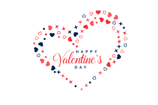Heart-shaped frame composed of small red and blue hearts and stars, with 'Happy Valentine's Day' text inside, isolated on transparent background. - Powered by Adobe