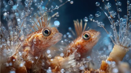Underwater close-up of small marine fish with bubbles