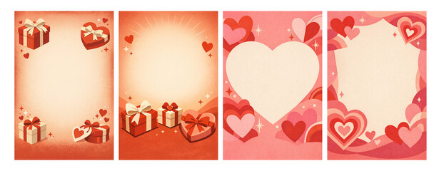 Happy Valentine's Day Vintage Poster Template with Retro Heart. Red Gift Box on Aged Paper Texture Background for Romantic Greeting Cards and Party Flyers