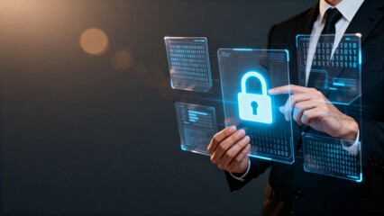 Businessman interacting with digital security interface